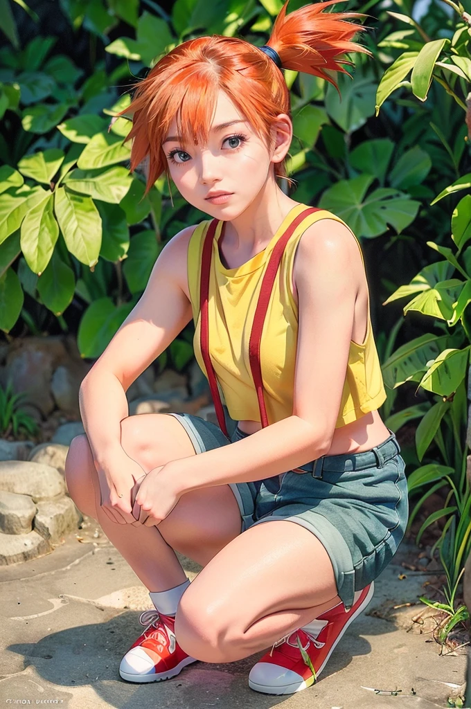 (masterpiece,Highest quality,In 8K,Very detailed,High resolution,Realistic:1.2), (Small plain yellow shirt, Red suspenders, Navy blue risqué denim hot pants, Emphasize the V-line, Beautiful barefoot, White socks, Red sneakers:1.5), (Orange Hair, Short Side Tail:1.3),(Squatting on rocks on a tropical beach:1.5), (Shooting from the thigh up:1.5),(Turn your face slightly to the side:1.2), (18 year old Japanese female:1.3), (Lean upper body:1.3), (Thicken your thighs:1.3), (View of the subject from below:1.2), (Draw the details of the costume:1.3), smile, I can see your teeth, Eyelash extensions,Pink lipstick, Red teak