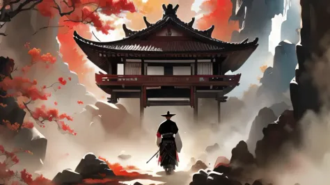 create me panoramic ,wide angle and watercolor image, acrylic effects, the image called the way of the samurai, samurai walking ...