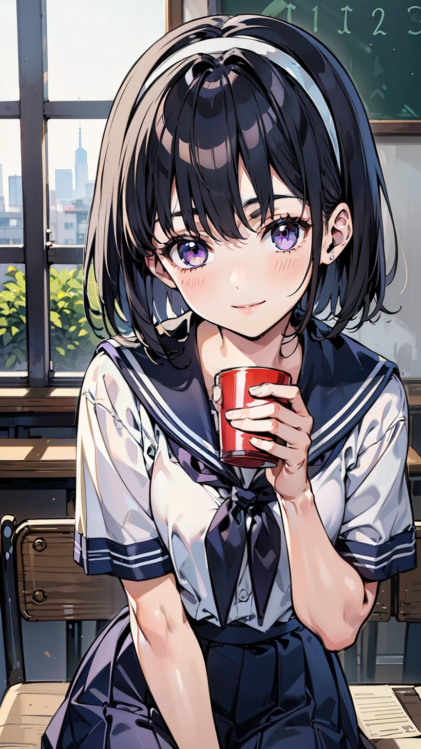 sailor uniform, One Woman, (Beautiful woman, Delicate schoolgirl:1.3), 8k, Highest quality, masterpiece, Very detailed, Ultra-high resolution, Realistic, RAW Photos, Absolute Resolution, Black Hair, Bobcut, face is small compared to body, Very small face, Black Hair, navy blue Sailor uniform, Navy Blue Skirt, High school girl wearing a Sailor suit, Anime 2D Rendering, (White headband:1.4), Top-down position, Small breasts, expensive, Slanted Eyes, Purple eyes, (School Scene), Black Stockings, garter belt, smile, (Hold a cup in right hand:1.4), 