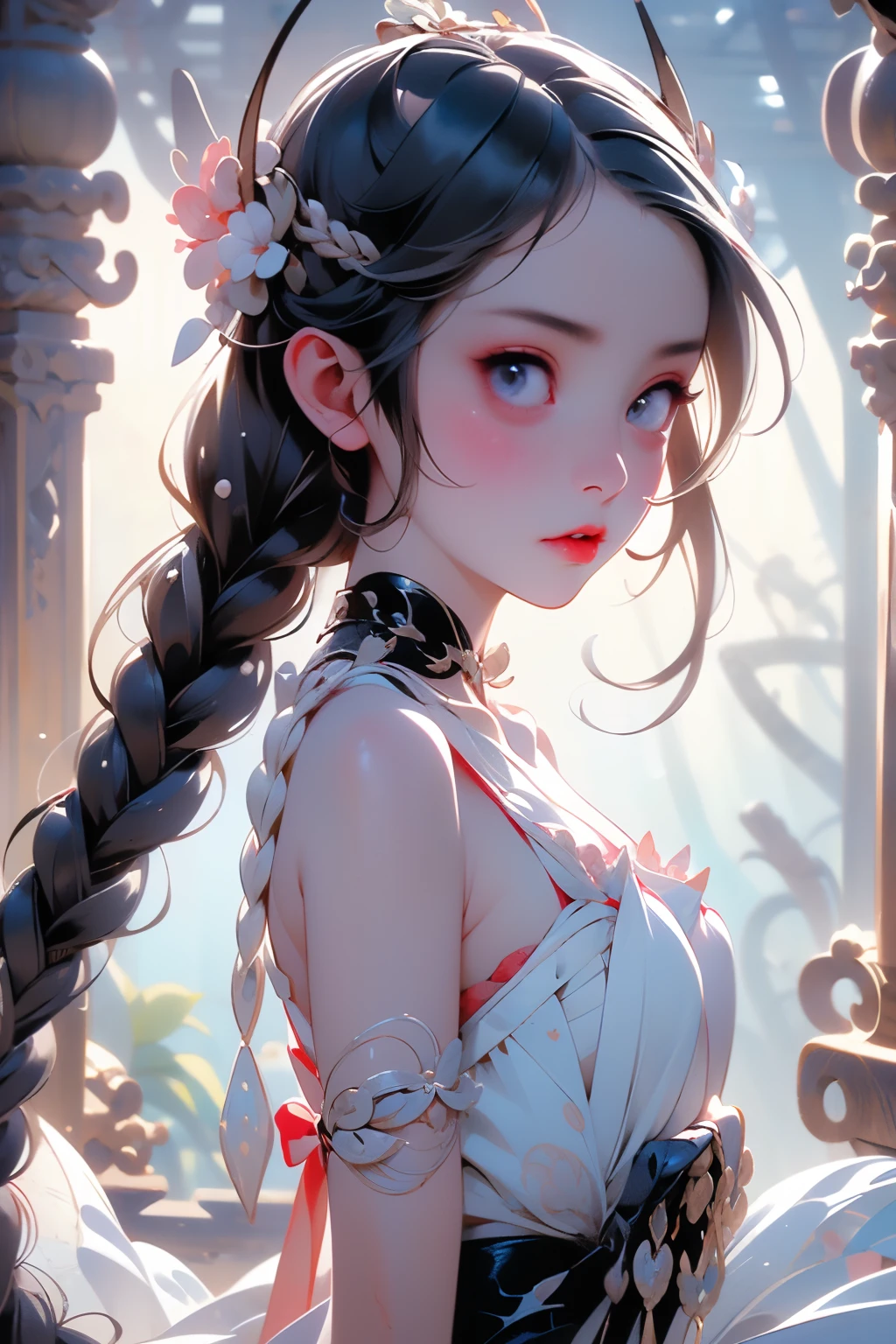 ((best quality)), ((masterpiece)), (detailed), 1girl, (big forhead:1.2),(beautiful big eyes:1.3),extremely detailed cute anime face, (((flat chest))),((((long twin braids,tight braids,long braid,braided hair,long hair)))),intricate eyes,beautiful detailed eyes,symmetrical eyes,(((detailed face))),beautiful detailed lips, dynamic pose, looking at viewer, (((embarrassed))),(horrified expression),(crying),highres,(best quality),(ultra detailed,extremely detailed),perfect face details, ((masterpiece:1.4, best quality))+, (ultra detailed)+, long twintails, cute girl, (flat chest:1.1), small breasts, prominent collarbones, skinny arms, flat stomach, visible hip bones, long hair, red hair, white hair, blonde hair, dark hair, ponytail, thick ponytail, heavy ponytail, small breasts, perfect face, small breasts (flat chest:1.1), NSFW，tentacle-like vines, Covered with tentacles, encoiled by tentacles, Tentacles around the body, many tentacles, captured by tentacles, bound by tentacles, trapped by tentacles, Fine details，Tentacled，Tied with tentacles, roaming tentacles, drooling，Crying，horrified expression, panic, fight for survival, helplessness, Detailed body，Full limbs，NSFW, being pulled into a flower, wild environment, jungle, terrifying floral environment, horrific nature, predatory flora, fairy catcher, fairy trapper, fairy catcher plant, tentacle-like vines, fairy trapper-plant, fairy catcher flower, tentacle-like vines, fairy trapper-flower inspired by carnivorous plants; a plant occupying the equivelant evolutionary niche as a spider would