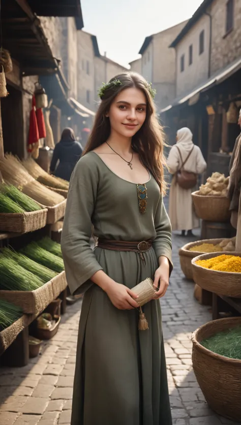 highest quality realistic photos, bare skin texture, hair texture, girl selling herbs and holy water in a medieval market, poor ...