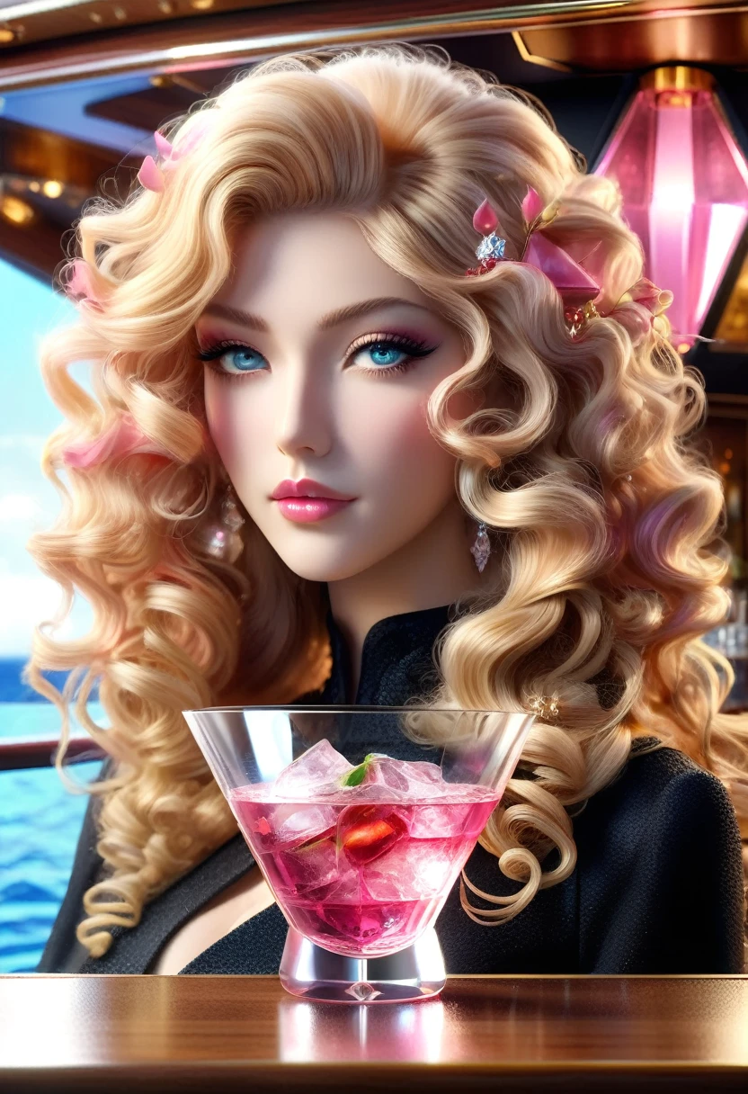 Inside a luxury cruise ship、bar counter、Pink liquor in an inverted triangular cocktail glass、Cherry is on board、bar counterに座る可愛い顔の女性の後ろ姿、Kind eyes、Black Dress、Long Hair、Blonde、Curly Hair、