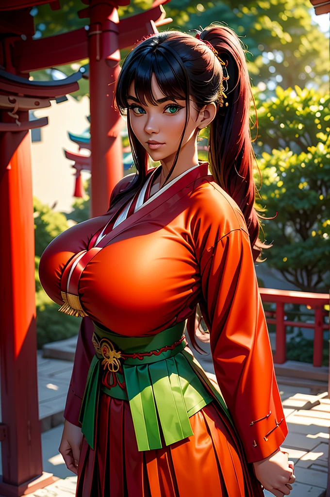 young asian woman teen, 18 years old, (crimson wavy hairs with side bang), long high ponytail, ((green miko clothes)), long sleeves, ((green hakama skirt)), huge fake breasts, deep v-cleavage, tanned skin, tan, long talisman on necklace, (blue sultry eyes), huge round fakebreasts