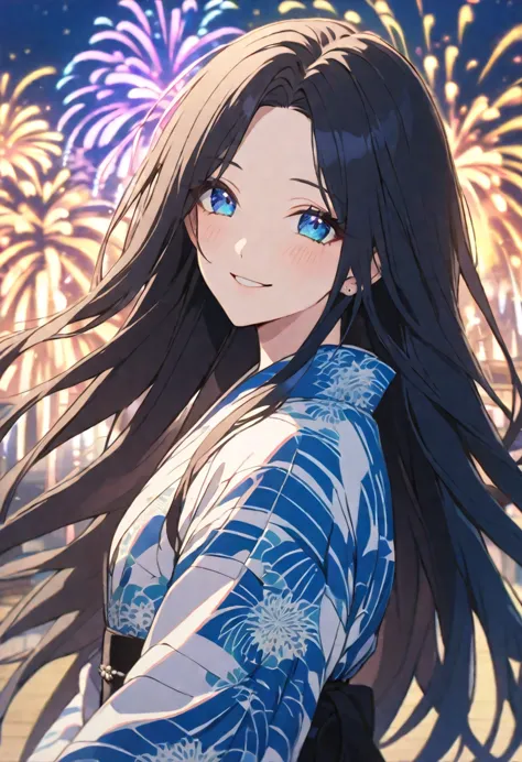 alone, good looking, 1. woman,straight long hair,  black hair,bright blue eyes,soft impression,lolita,young
,yukata,stylish,skin...