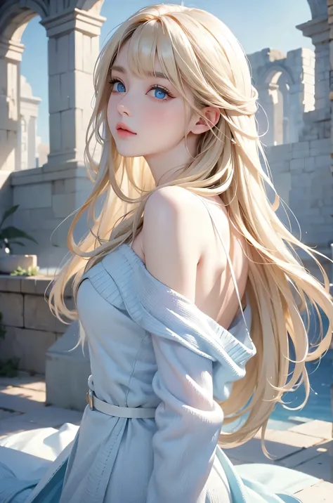 beautiful white and shining skin、blonde hair changes color depending on how the light hits it.、long bangs obstruct the view、high...