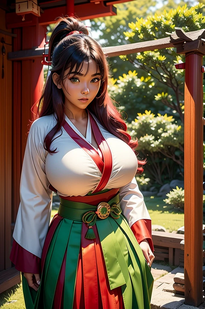 young asian woman teen, 18 years old, (crimson wavy hairs with side bang), long high ponytail, ((green miko clothes)), long sleeves, ((green hakama skirt)), huge round fakebreasts, deep v-cleavage, tanned skin, tan, long talisman on necklace, (blue sultry eyes)