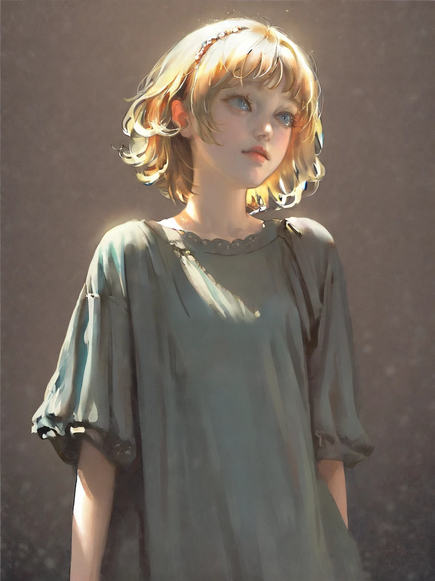 masterpiece, best quality, high quality, hyperrealistic anime painting, anime painting, loose long hair, black background, dramatic diagonal lighting, painterly, realistic painting, soft feature, detailed clothes, detailed, rembrandt lighting, 1girl, blonde hair, short hair, wavy hair, blue eyes, long eyelashes, shy expression, standing, wavy bangs, short, BREAK solo, small breasts, skinny, arched back, thigh gap, princess outfit, BREAK (snowy background:1.2), simple background, innocent, lovely, adorable,
