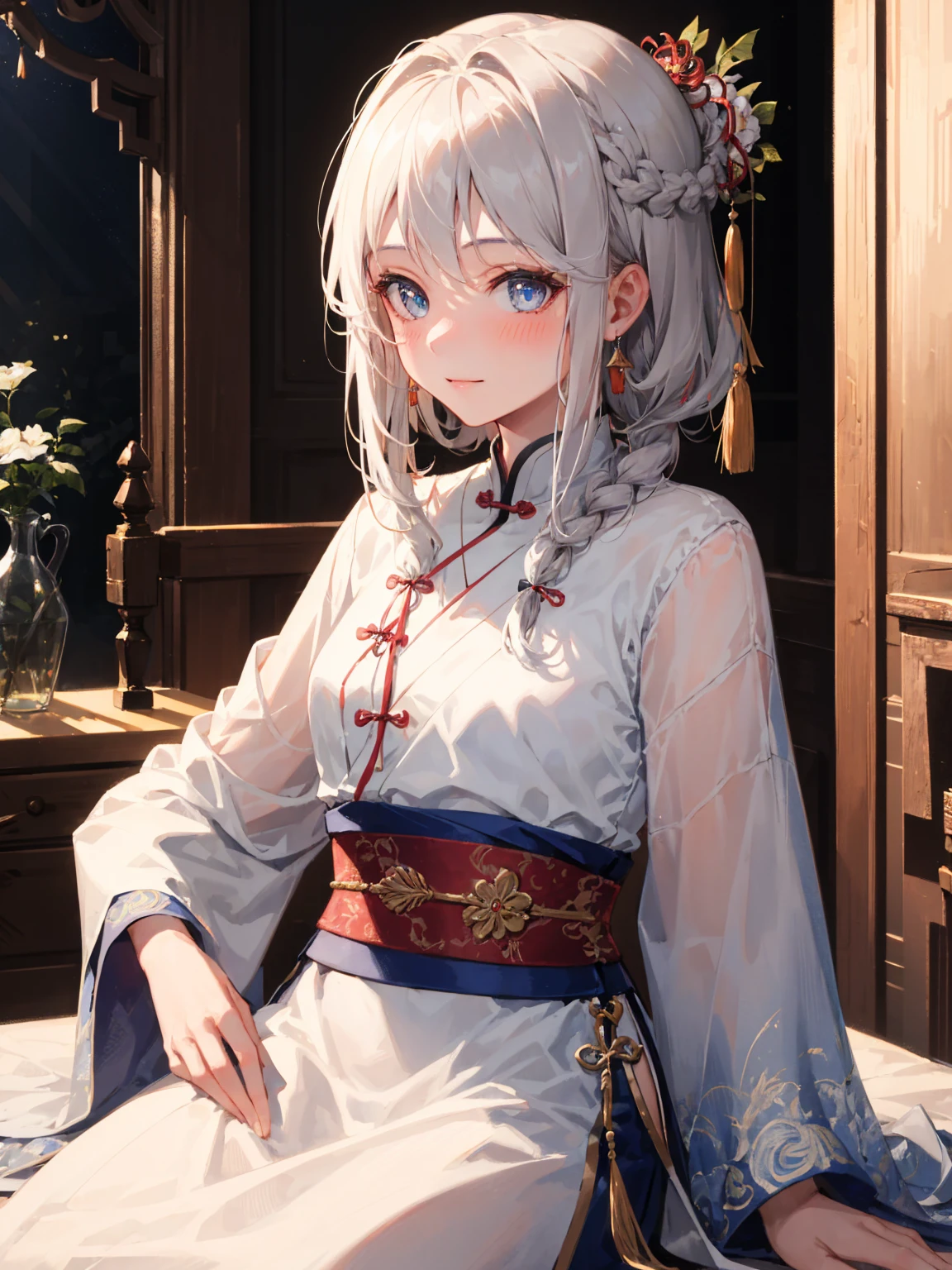 Superb Quality, Masterpiece, High Resolution, 1Girl, Blush, (Seductive Smile: 0.8), Star Eyes, Chinese Hanfu, Hair Accessories, Necklace, Jewelry, Beauty, on_body, Tyndall Effect, Realism, Shadow Room, Light Edge, Two-tone Lighting, (High Detail Skin: 1.2), 8K UHD, SLR, Soft Light, High Quality, Volume Lighting, Candid Photo, High Resolution, 4K, 8K, Background Blur, Light Tulle,