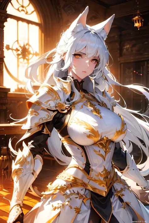 a woman with orange eyes, sharp face, piercing gaze, large fox ears, five white fox tails, flowing white hair, in white plate ar...