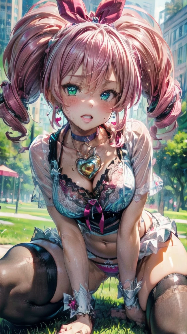 ((City Park)), Large Breasts, jambu grass, (Very nice and beautiful:1.1), (Perfect detail:1.1), (Detailed eyes and face:1.3), (Sexy pose: 1.2), Cure Rhythm, Grey pantyhose, Brown pantyhose, pinkhair, Long Hair, Wide ponytail, Green Eyes, white choker, choker, Heart Earrings, ribbon, Cure Rhythmドレス, puffy short sleeve, brooch, Arm warmers, Wrist cuff, White boots, Knee Boots,(See-through panties:1.5),(Ribbon Bondage:1.2),(Drill in the crotch),(See-through pink panties),(Thin string panties:1.2),(Non-wet panties),(A thick rod is stuck in the pubic bone:1.2)