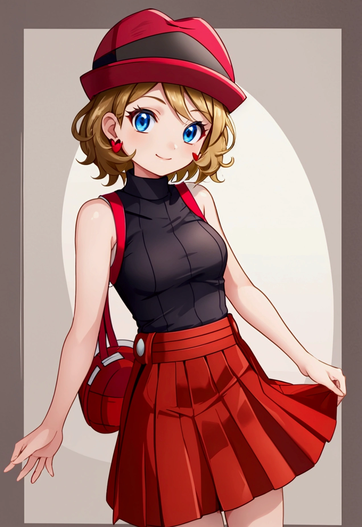 masterpiece, Perfect lighting, (beautiful, Highest quality: 1.3), Perfect Eyes, Perfect Anatomy, Absurd, 8k, Serena, alone, short hair, smile, Loved, (Red hat: 1.2), Earrings, eyelash, blue eyes, Grey sweater, Best , Sleeveless turtleneck, Bare arms, Checked skirt, Red Skirt, Thigh-high socks, Black Stockings, With arms wide open,