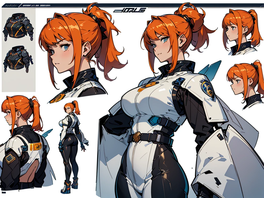 Close-up of a chunky girl in a mecha bodysuit, ((character concept art)), ((character design sheet, same character, front, side, back)) character art of maple story, video game character design, video game character design, maple story  chunky  girl, busty, girl wearing cute mecha hairpin on her head, pale orange hair, large ponytail, top ponytail  hairstyle, white glowing decoration on girl's mecha armor, expert high detail concept art, metal bullet concept art, funny character design, plump woman anime inspiration, sticky tar. Concept art, belt buckle at waist, mechanical weapon, mechanical wings