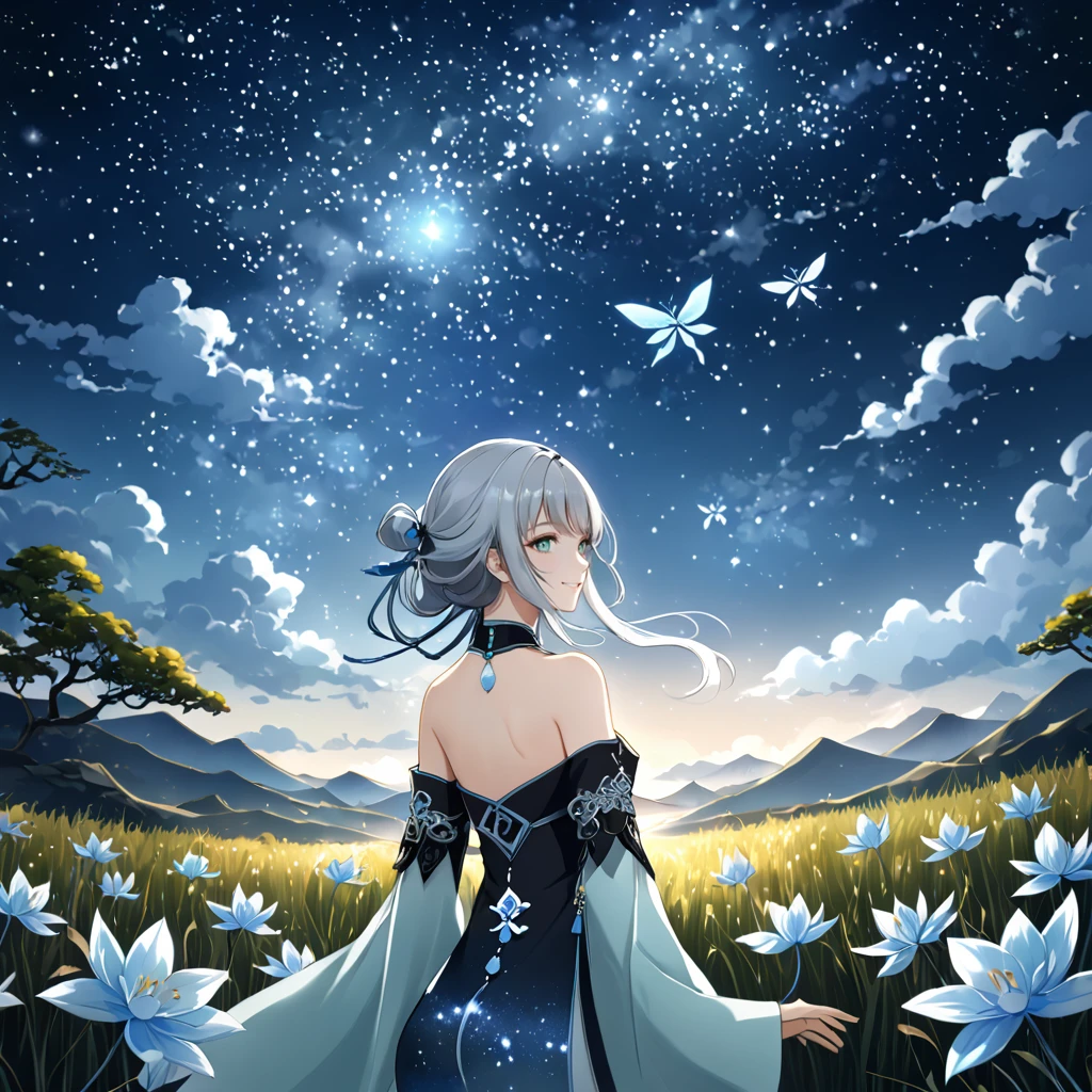 score_9, score_8_up, score_7_up, score_6_up,1girl, guizhong_\(genshin_impact\),(grey hair),short_hair_with_long_locks in front and low ponytail in back,gradient_hair,(pale grey eyes with seafoam gradient),starry_sky_print,detached_sleeves white outside blue starry inside, hands completely hidden by long sleeves,stunning field of softly glowing cerulean and white glaze lilies,night scene,gentle smile,face focus, eye focus,ladyshadow,moonlight,glossy lips,vivid anime coloring,cel shading,smooth, soft dreamy focus,anklet,halter_top,white clothes,highly detailed,digital painting,bare_shoulders,barefoot,cool night tones, magical night scene,geo crystalflies,professional,anemo colored fireflies,nebula of stardust and silvery vapor,harmonious blend of nature and art,transcendent beauty,awe-inspiring artwork,(best quality,4k,8k,highres,masterpiece:1.2),yunamaro,carnelian,dsmile,cosmic stardust,guizhong, guizhong's def clothes, 1girl, long hair, blue eyes, barefoot, guizhong's dress, hair ornament, chinese clothes, sleeves past fingers,