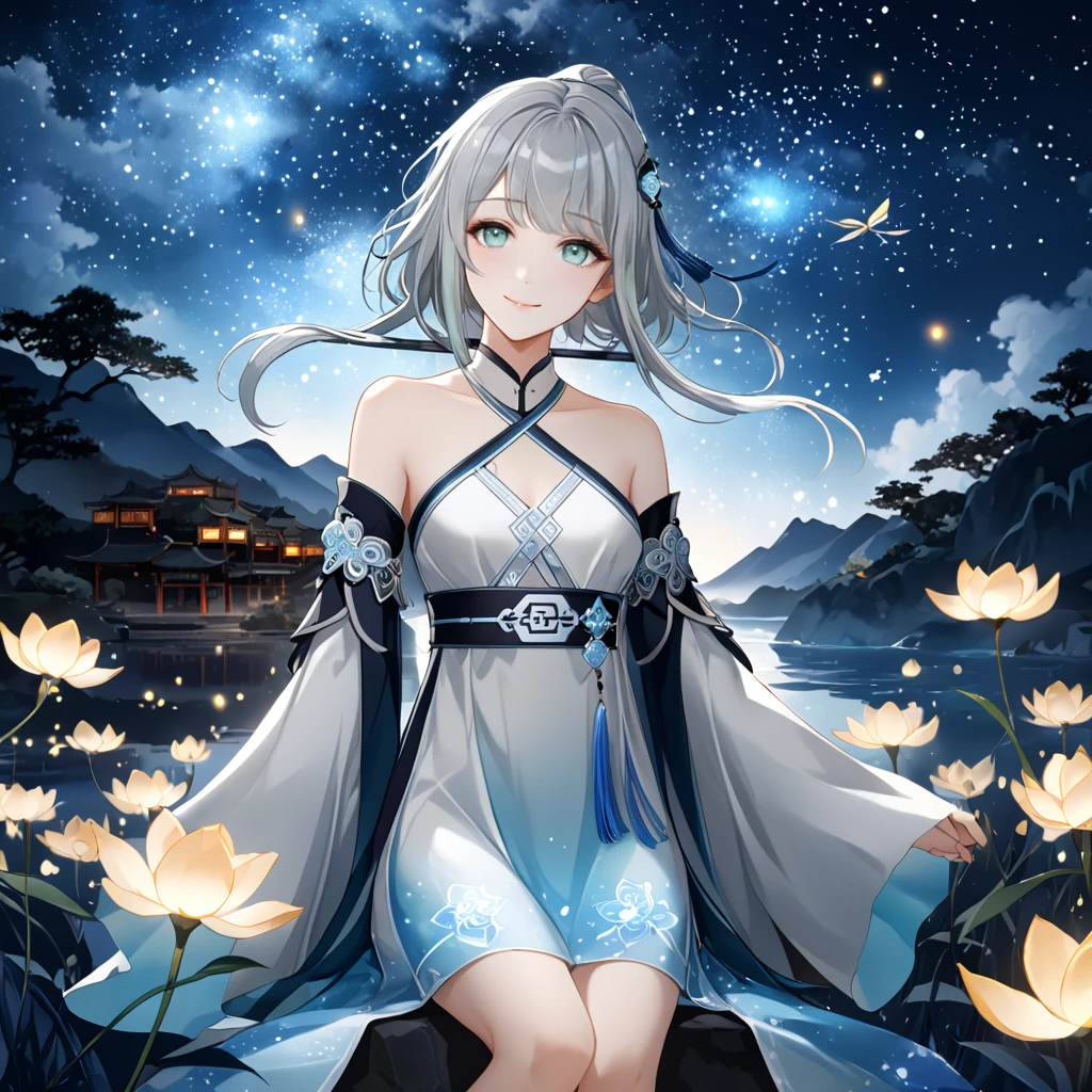 score_9, score_8_up, score_7_up, score_6_up,1girl, guizhong_\(genshin_impact\),(grey hair),short_hair_with_long_locks in front and low ponytail in back,gradient_hair,(pale grey eyes with seafoam gradient),starry_sky_print,detached_sleeves white outside blue starry inside, hands completely hidden by long sleeves,stunning field of softly glowing cerulean and white glaze lilies,night scene,gentle smile,face focus, eye focus,ladyshadow,moonlight,glossy lips,vivid anime coloring,cel shading,smooth, soft dreamy focus,anklet,halter_top,white clothes,highly detailed,digital painting,bare_shoulders,barefoot,cool night tones, magical night scene,geo crystalflies,professional,anemo colored fireflies,nebula of stardust and silvery vapor,harmonious blend of nature and art,transcendent beauty,awe-inspiring artwork,(best quality,4k,8k,highres,masterpiece:1.2),yunamaro,carnelian,dsmile,cosmic stardust,guizhong, guizhong's def clothes, 1girl, long hair, blue eyes, barefoot, guizhong's dress, hair ornament, chinese clothes, sleeves past fingers,