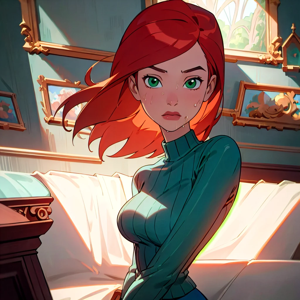 gwentennyson, (8k, RAW photo, best quality, masterpiece:1.2), (intricate details), perfect eyes, perfect face, perfect lighting, beautiful, (masterpiece:1.2), (best quality:1.2), 1 girl, cartoon style, solo, redhead, green eyes, blue sweater, gray skirt, large breasts, straight body, close angle in her face, beautiful face, insanely detailed, 4k, one girl, realistic drool, living room, 