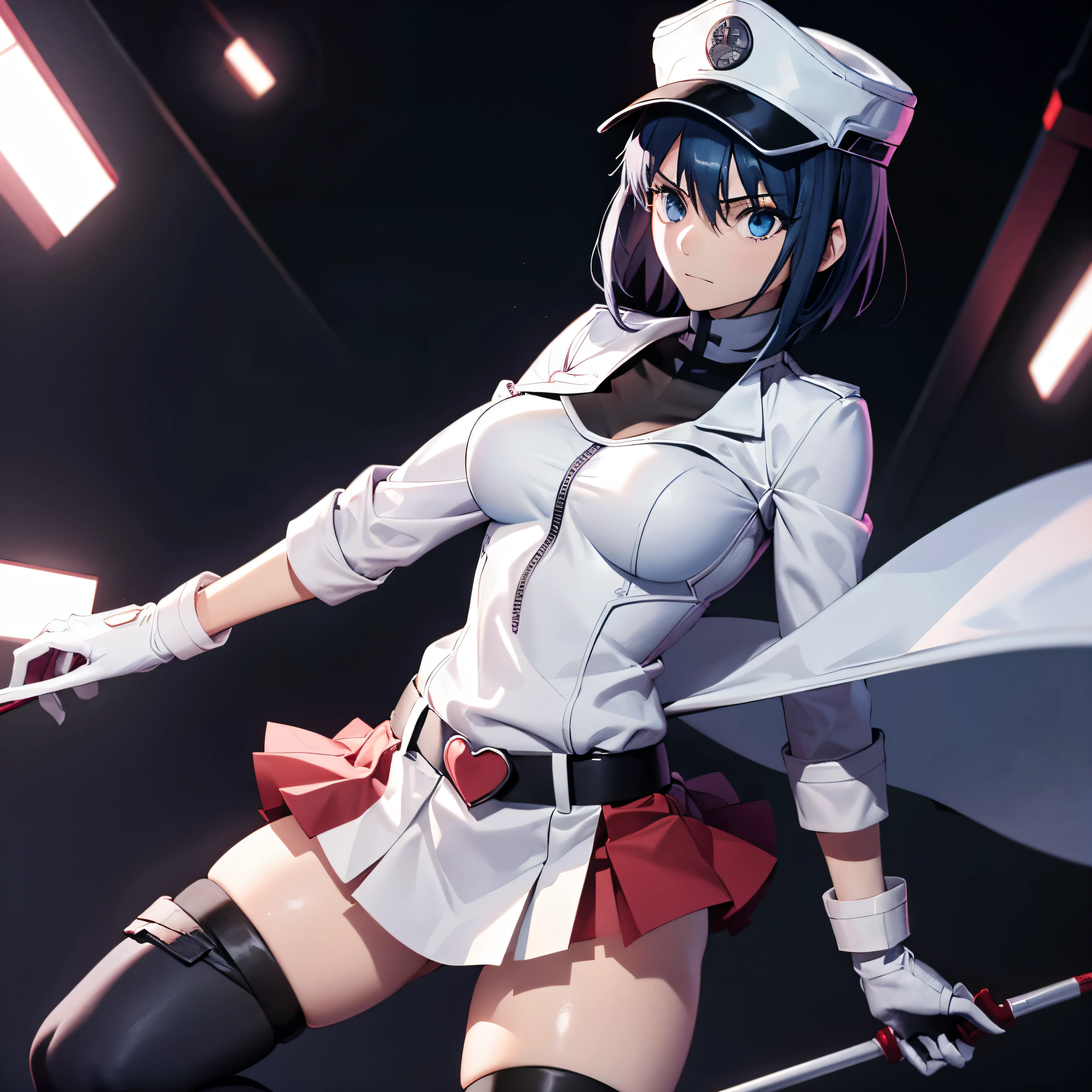 White gloves, red eyes, white jacket, white skirt, best quality, masterpiece, Highly detailed, illustration, absurdres, white military uniform, white uniform, white hat,  solo, 1girl, expressionless, blank eyes, looking at viewer, emotionless, corruption, mind control, female combatant, full body, hypnotized, unhappy trance, perfect female body, extremely glossy latex, belt, hypnosis, hypnoLora, empty eyes, Mind control device, thigh high, Bleach, Quincy, thighhighs, tight miniskirt, medium breast, ciel_(tsukihime), blue hair, blue eyes, short hair,