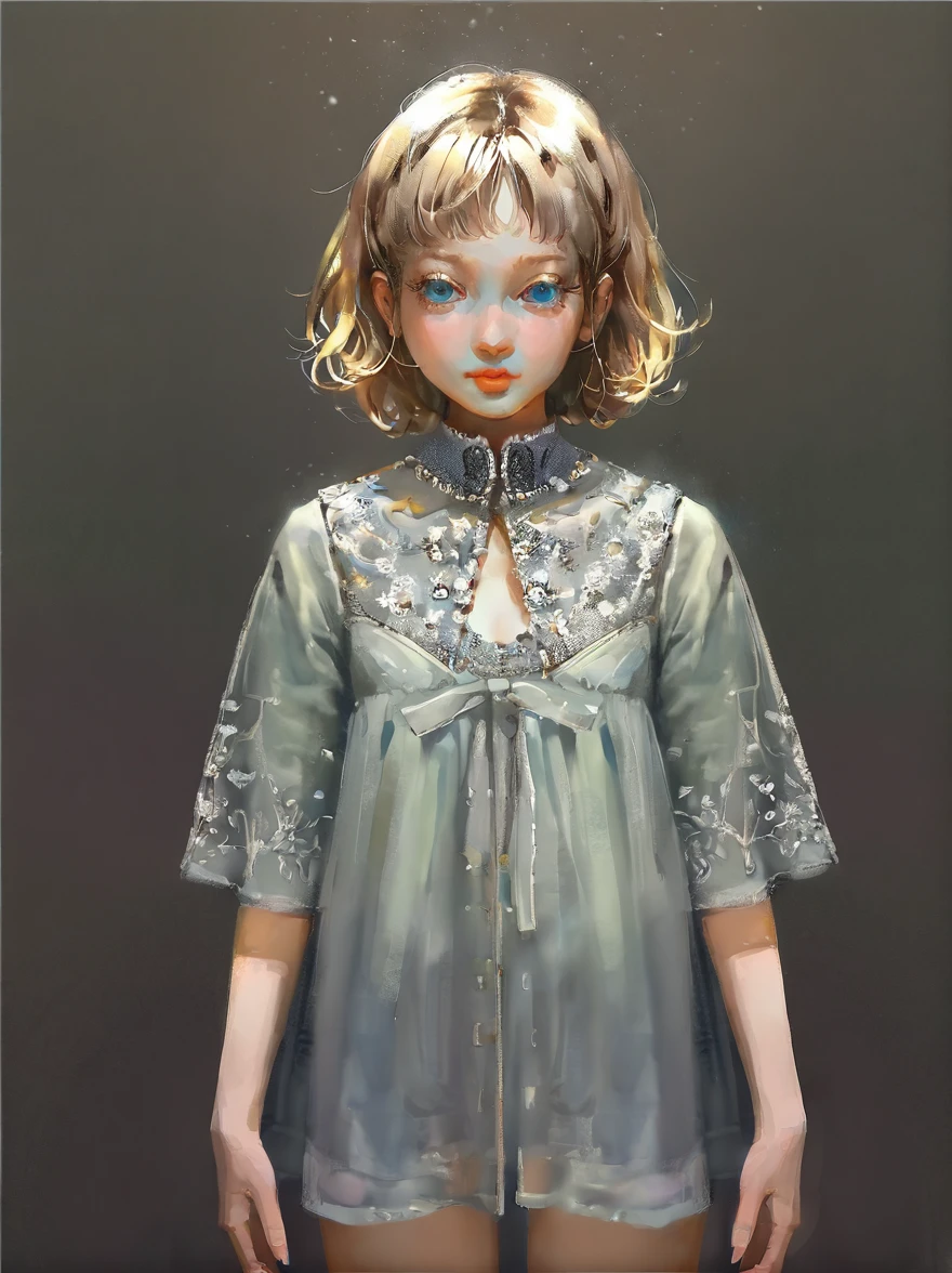 masterpiece, best quality, high quality, hyperrealistic anime painting, anime painting, loose long hair, black background, dramatic diagonal lighting, painterly, realistic painting, soft feature, detailed clothes, detailed, rembrandt lighting, 1girl, blonde hair, short hair, wavy hair, blue eyes, long eyelashes, shy expression, standing, wavy bangs, short, BREAK solo, small breasts, skinny, arched back, thigh gap, princess outfit, BREAK (snowy background:1.2), simple background, innocent, lovely, adorable,
