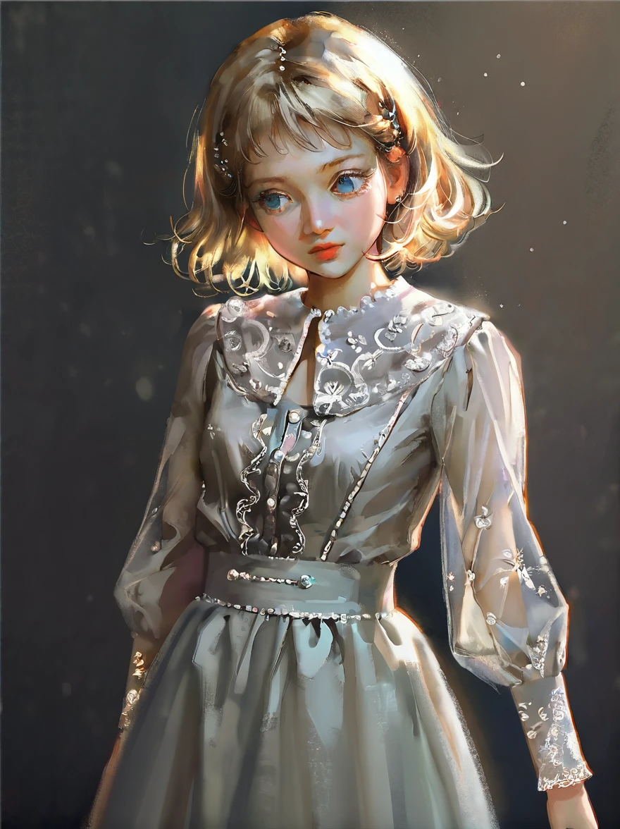 masterpiece, best quality, high quality, hyperrealistic anime painting, anime painting, loose long hair, black background, dramatic diagonal lighting, painterly, realistic painting, soft feature, detailed clothes, detailed, rembrandt lighting, 1girl, blonde hair, short hair, wavy hair, blue eyes, long eyelashes, shy expression, standing, wavy bangs, short, BREAK solo, small breasts, skinny, arched back, thigh gap, princess outfit, BREAK (snowy background:1.2), simple background, innocent, lovely, adorable,
