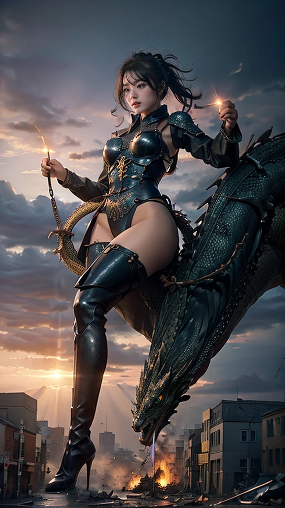 (Giantess element, high resolution, high quality, accurate body structure, detailed body), focus on girl,
BREAK,
Sexy, battle suit, towering giant girl, looking up at approaching woman from below, giant attacks city, cute, girl destroying small town,
mischievous expression, white skin, smiling, trampling, walking, trampling, anatomically correct, accurate human body, accurate skeleton, full body portrait, light beam from girl's hand, shock wave from girl's hand, magic,
BREAK,
destroying small town, rubble, burning small town, destroyed small building, collapsed highway, car being crushed, evacuation of residents, sunset, burning small town, rubble scattered at feet, taller than skyscrapers, big impact, increase destructive elements, make city smaller, rampaging, city, building,
BREAK,
(Girl and dragon: 1.5),
BREAK,
Blue eyes, monster, (fighting dragon), dragon flying in the sky background,