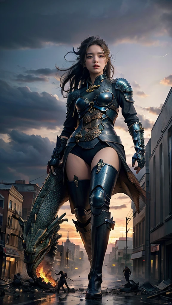 (Giantess element, high resolution, high quality, accurate body structure, detailed body), focus on girl,
BREAK,
Sexy, battle suit, towering giant girl, looking up at approaching woman from below, giant attacks city, cute, girl destroying small town,
mischievous expression, white skin, smiling, trampling, walking, trampling, anatomically correct, accurate human body, accurate skeleton, full body portrait, light beam from girl's hand, shock wave from girl's hand, magic,
BREAK,
destroying small town, rubble, burning small town, destroyed small building, collapsed highway, car being crushed, evacuation of residents, sunset, burning small town, rubble scattered at feet, taller than skyscrapers, big impact, increase destructive elements, make city smaller, rampaging, city, building,
BREAK,
(Girl and dragon: 1.5),
BREAK,
Blue eyes, monster, (fighting dragon), dragon flying in the sky background,