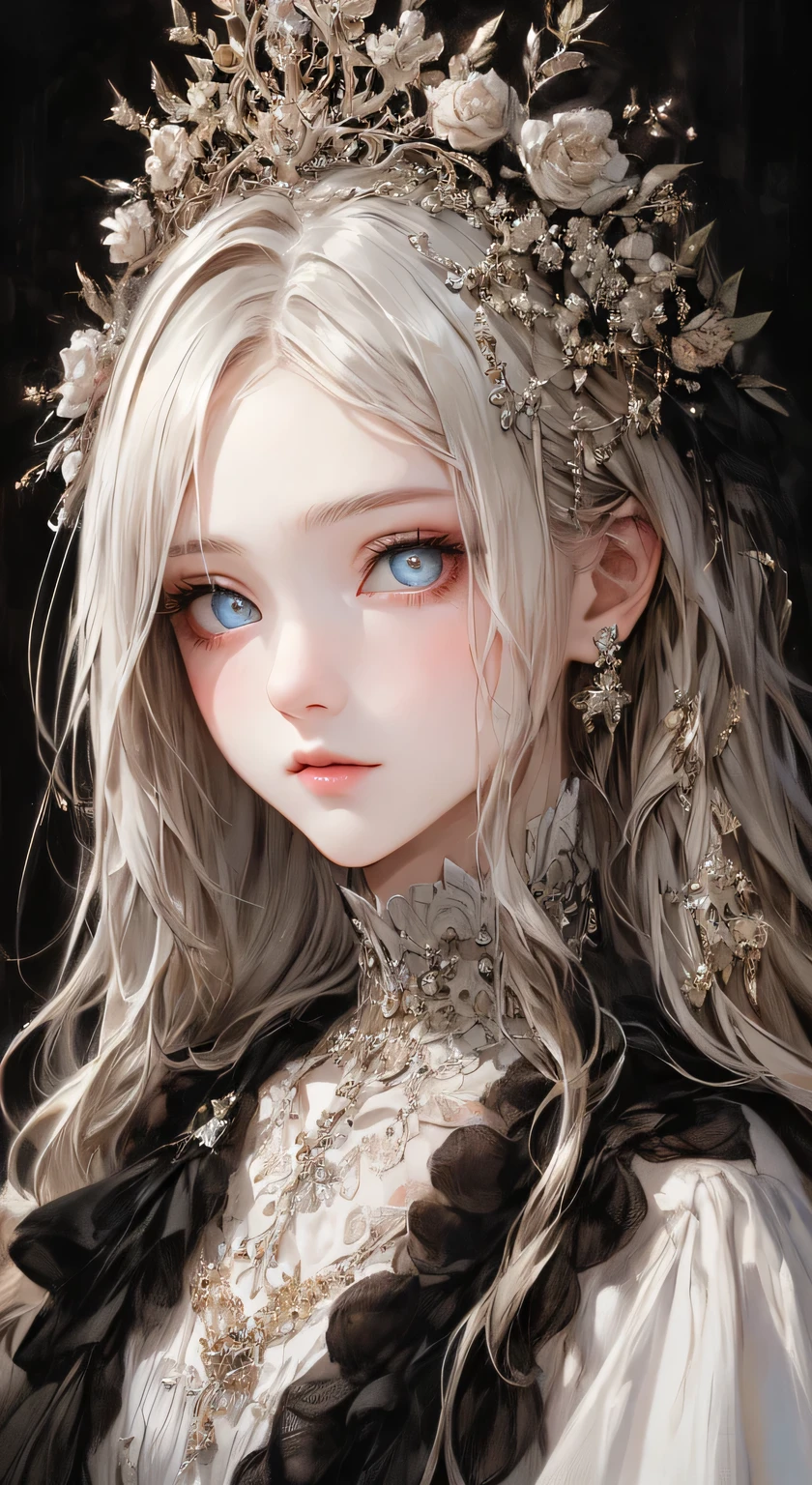 ((masterpiece, Highest quality, Very detailed, High resolution)), alone, beautiful girl, Shining Eyes, Perfect Eyes, 15 years old, Black White Gold theme,
