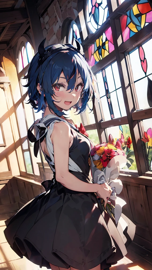 masterpiece, Highest quality, High resolution, Very detailed,(((Mikoto Naruka))), (((Black Dress)))、(((Laughing out loud。)))、(((Facing forward。))), (((church))), (((Holding a bouquet。))), (((indoor))), (((Stained glass))), Low - Angle