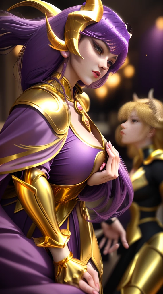 A lady，Wearing Saint Seiya Aries Gold Cloth，Purple头发，A pair of antelope horns grow from the back of the neck and curve toward the chest.，Golden Breastplate，Golden Armguard，Gold belt，Purple，Golden Leggings，A red cape hangs behind，Clear and delicate facial features，Background walking on a path in a park，Color Contact Lenses, longeyelashes, cinematic lighting, best quality, masterpiece