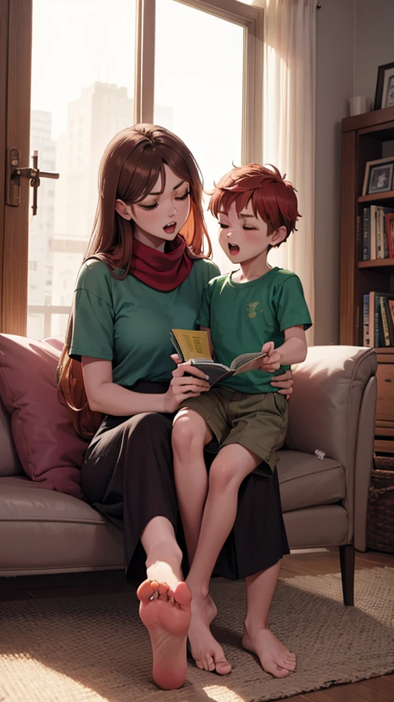 1 Girl、1boy、foot、Pantyhose、Book、Brown hair、heterosexuality、foot、Long hair、boy、Green shirt、Sitting、Mother and son、shorts、shirt、scarf、leg、child、ring、clock、skirt、open mouth、With eyes closed、Transparent leg、ring、Red Hair