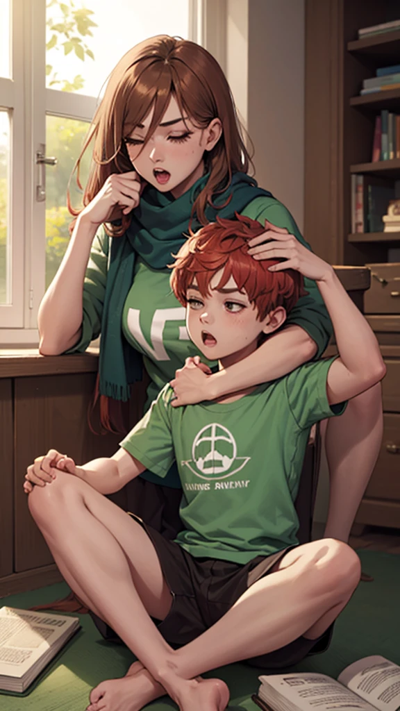 1 Girl、1boy、foot、Pantyhose、Book、Brown hair、heterosexuality、foot、Long hair、boy、Green shirt、Sitting、Mother and son、shorts、shirt、scarf、leg、child、ring、clock、skirt、open mouth、With eyes closed、Transparent leg、ring、Red Hair