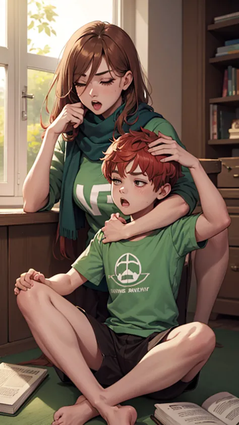 1 Girl、1boy、foot、Pantyhose、Book、Brown hair、heterosexuality、foot、Long hair、boy、Green shirt、Sitting、Mother and son、shorts、shirt、sc...