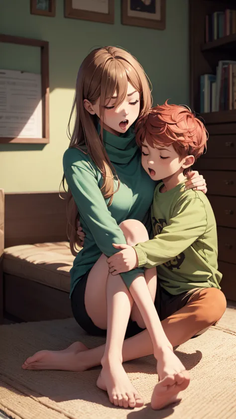 1 girl、1boy、foot、pantyhose、book、brown hair、heterosexuality、foot、long hair、boy、green shirt、sitting、mother and son、shorts、shirt、sc...