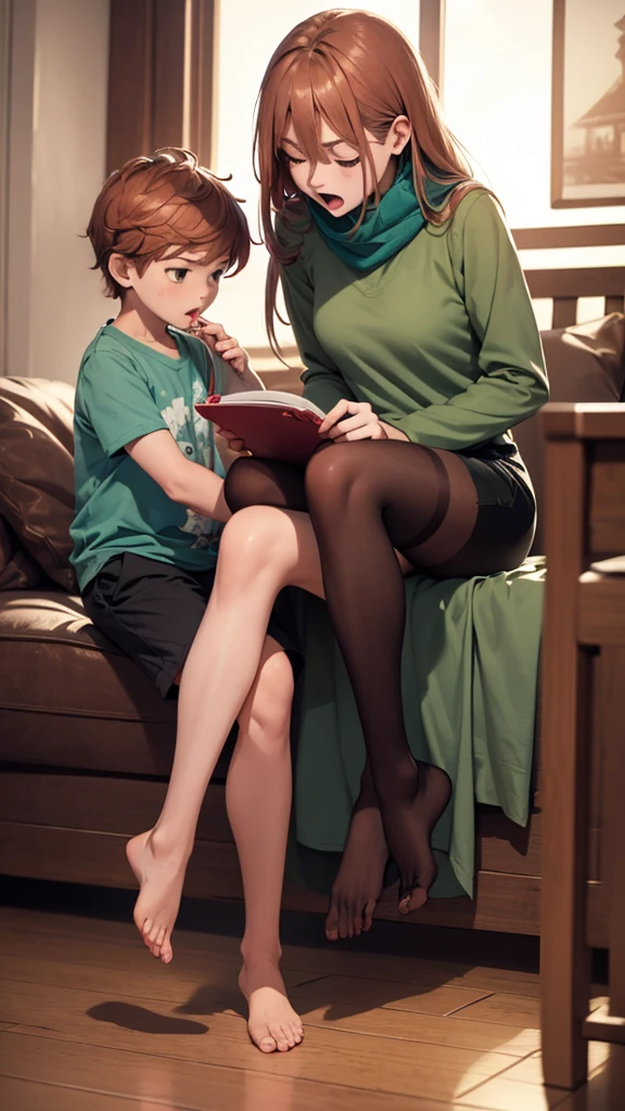 1 Girl、1boy、foot、Pantyhose、Book、Brown hair、heterosexuality、foot、Long hair、boy、Green shirt、Sitting、Mother and son、shorts、shirt、scarf、leg、child、ring、clock、skirt、open mouth、With eyes closed、Transparent leg、ring、Red Hair