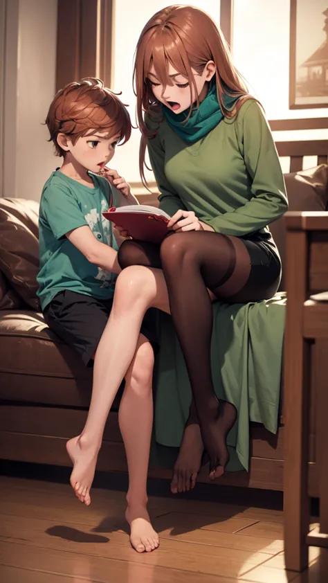 1 Girl、1boy、foot、Pantyhose、Book、Brown hair、heterosexuality、foot、Long hair、boy、Green shirt、Sitting、Mother and son、shorts、shirt、sc...