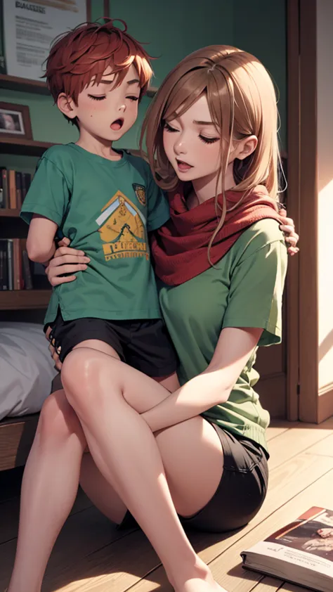 1 Girl、1boy、foot、Pantyhose、Book、Brown hair、heterosexuality、foot、Long hair、boy、Green shirt、Sitting、Mother and son、shorts、shirt、sc...