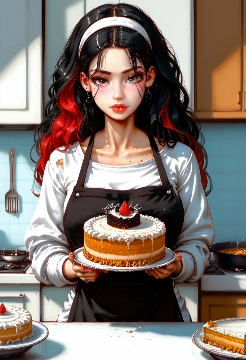 woman with tattoo,spl1th41r, two tone hair (([red|black] hair)), long hair, wearing a black apron,  Cooking, look at the viewer, kitchen, cake and pie in the background,  in room, (soothing tones:1.0), (HDR:1.25), (ArtStation:1.2), dramatic, (complex parts:1.14), (hyper realistic 3D rendering:1.16), (cinematic:0.55), (rutkowskyi:1.1), (faded:1.3),Shine,ultra detail,masterpiece,Full drawing of the painting,High quality robot,wallpaper,Goddess of cooking,Attractive,The most delicious food