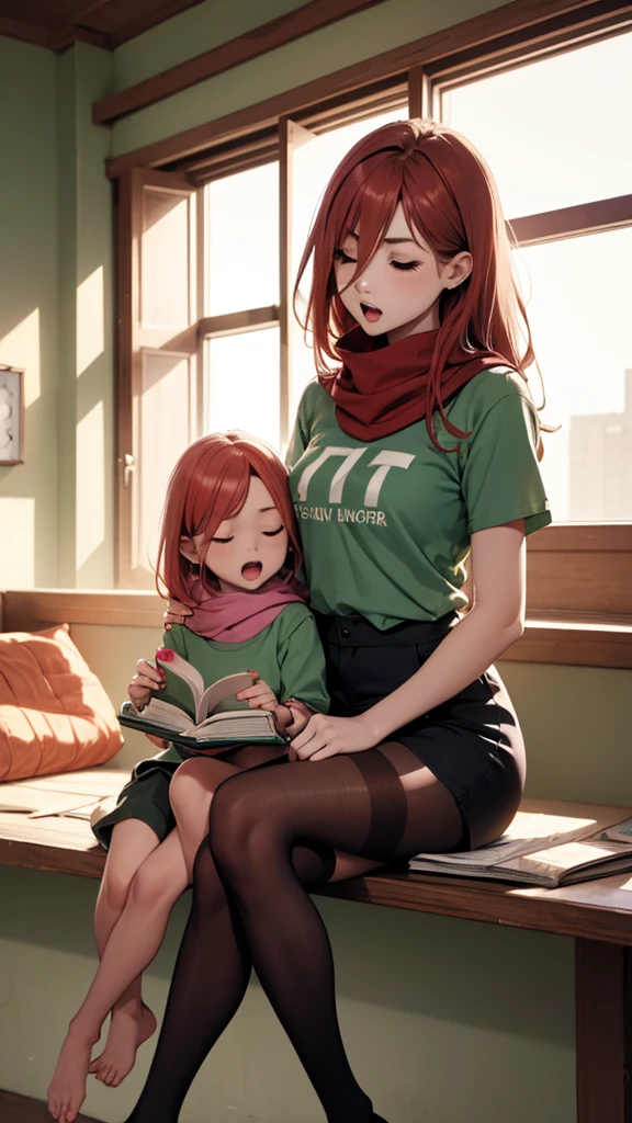 1 Girl、1givesl、foot、Pantyhose、Book、dark red hair、heterosexuality、foot、Long hair、gives、Green shirt、Sitting、Mother and daughter、shorts、shirt、scarf、leg、child、ring、clock、skirt、open mouth、With eyes closed、Transparent leg、ring、Red Hair