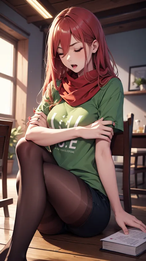 1 Girl、1givesl、foot、Pantyhose、Book、dark red hair、heterosexuality、foot、Long hair、gives、Green shirt、Sitting、Mother and daughter、sh...