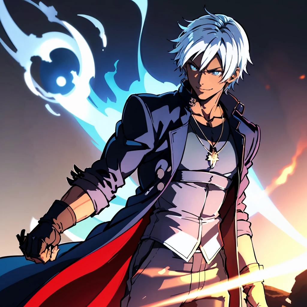 A Dark skinned young anime man, side swept silver hair, fiery light blue eyes, producing blue fire out of his fist, wearing a blue combat trench coat over a black tank top with black slacks and a chain on the hip, steel necklace with a blue dragon pendant around his neck, with sleeves rolled up to his elbows and a cocky smile