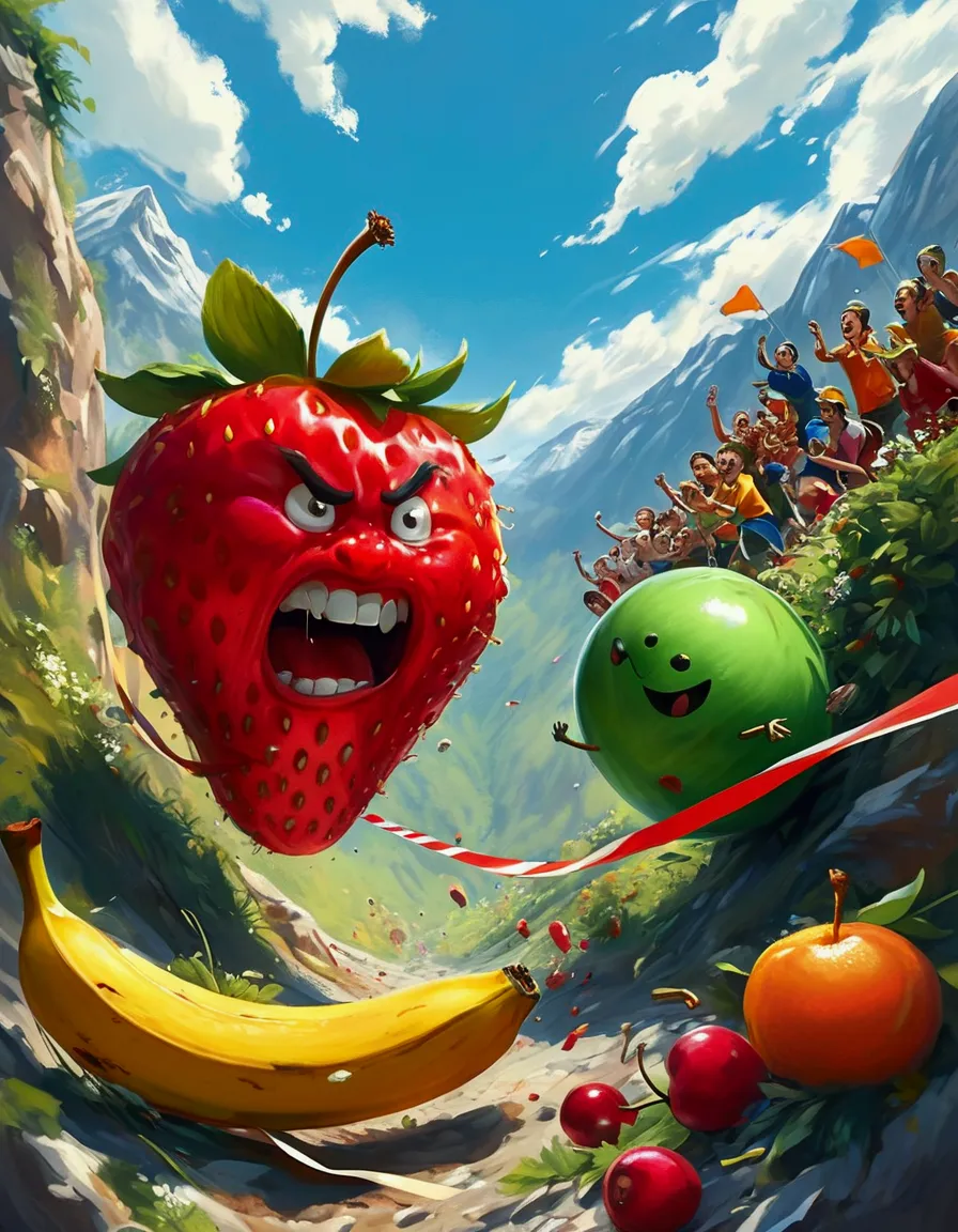 a humorous illustration depicting the concept of competition。a red strawberry and a green apple rolled down the hill，running lik...