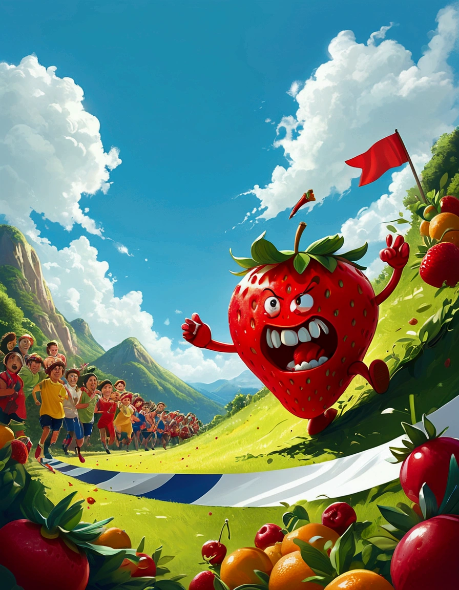 A humorous illustration depicting the concept of competition。A red strawberry and a green apple rolled down the hill，Running like crazy，There is a finish line tape at the bottom of the hill。Strawberry&#39;s facial expression is exaggerated，Demonstrated strong determination and competitive spirit。A group of fruit lovers，Such as bananas、Cherries and oranges，Watching the game eagerly，Cheering and waving flags on the sidelines。Background is a sunny day，The sky is blue，White clouds。The scene is playful and exaggerated，Emphasizes the humor and lightness of the scene。