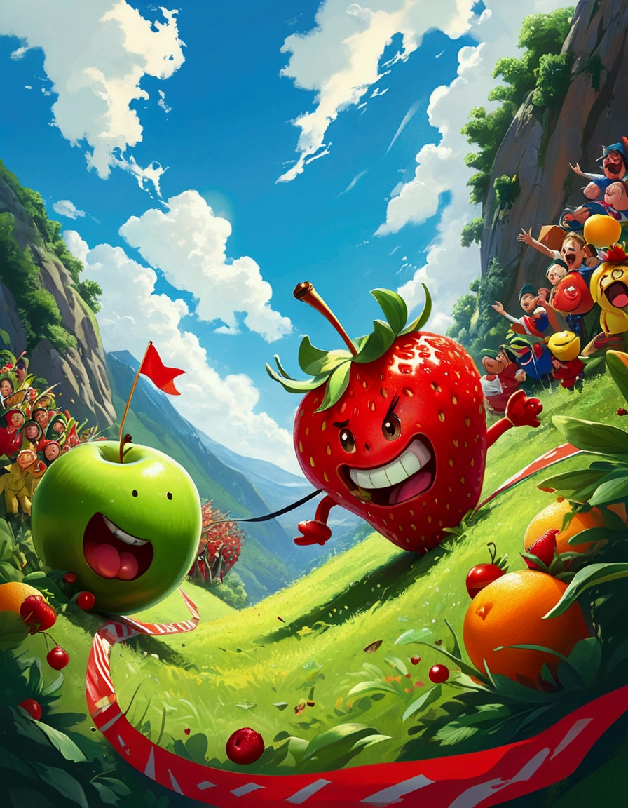 A humorous illustration depicting the concept of competition。A red strawberry and a green apple rolled down the hill，Running like crazy，There is a finish line tape at the bottom of the hill。Strawberry&#39;s facial expression is exaggerated，Demonstrated strong determination and competitive spirit。A group of fruit lovers，Such as bananas、Cherries and oranges，Watching the game eagerly，Cheering and waving flags on the sidelines。Background is a sunny day，The sky is blue，White clouds。The scene is playful and exaggerated，Emphasizes the humor and lightness of the scene。