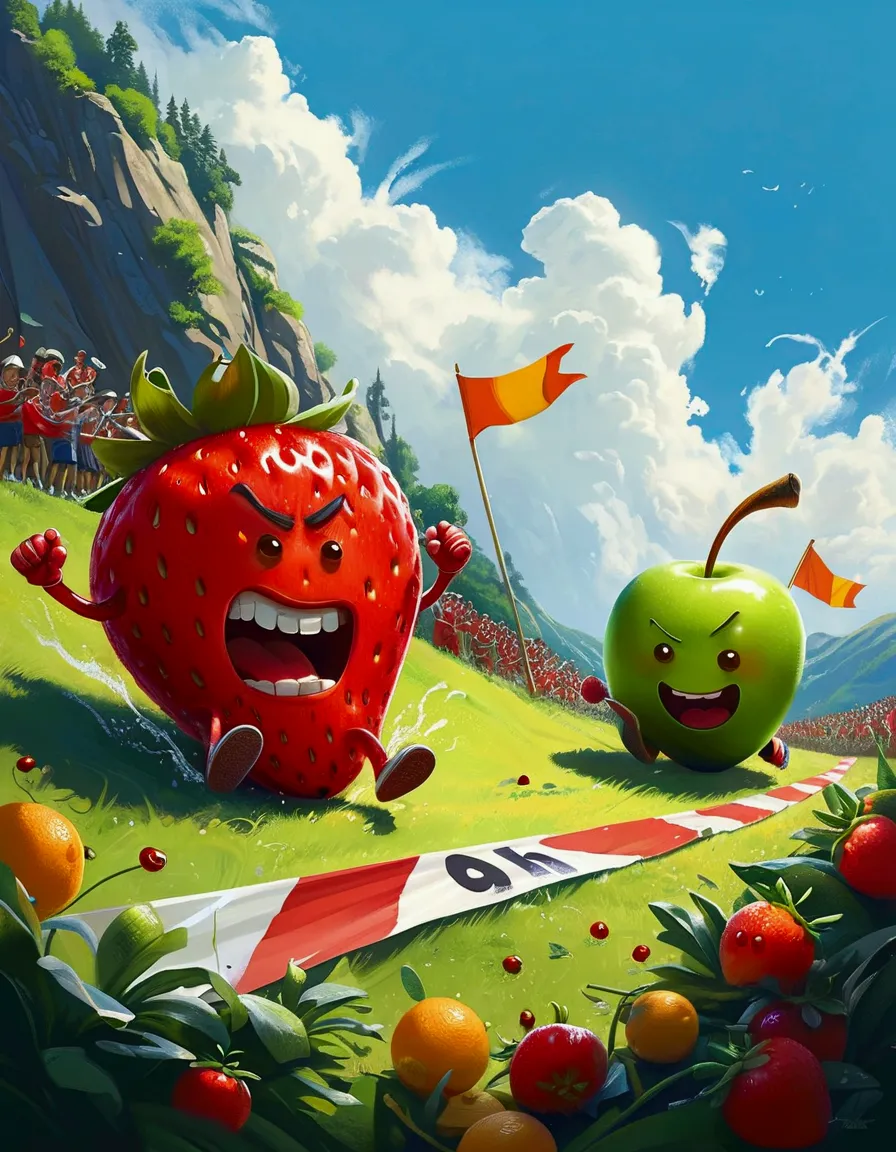 a humorous illustration depicting the concept of competition。a red strawberry and a green apple rolled down the hill，running lik...