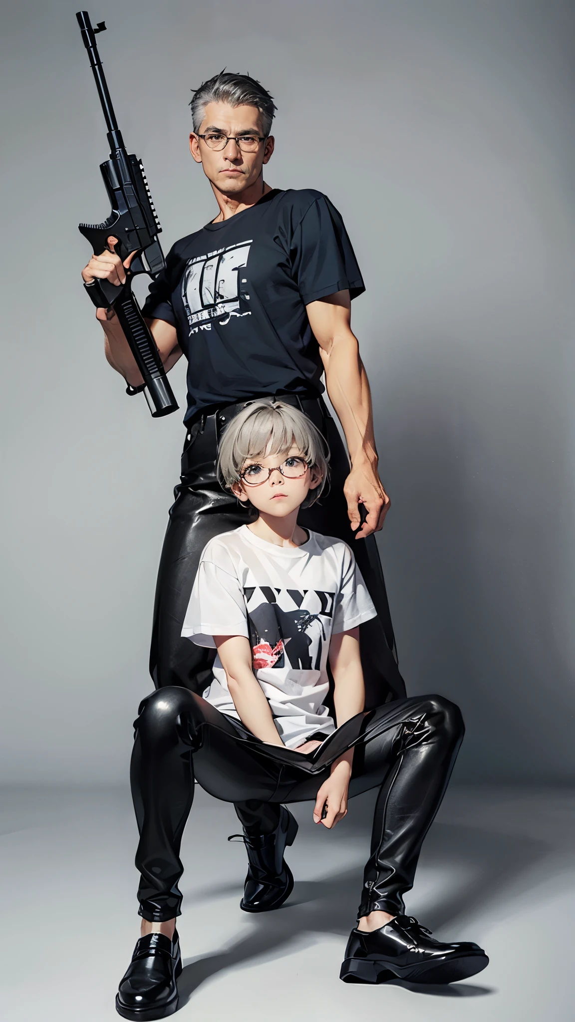 (Highest quality、masterpiece、High resolution、High quality)、(Colt Python 357 Magnum: 1.8、He has a gun in his right hand: 1.5)、(1 male: 1.8、Glasses、5)、(Short gray hair: 1.3)、BREAK、(Pure white T-shirt: 1.5、black skinny pants: 1.7)、(Black leather shoes: 1.6)Left hand in trouser pocket、BREAK、。 Simple Background、Quiet Pose、Cool animation、uncle、Romance Gray、Ready your gun?。