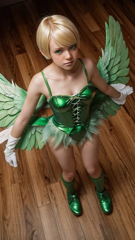 A  sad 18 year old girl wearing a green fairy costume with white wings standing on a hard wood floor shot from above as she looks at the camera. Blonde pixie cut.  Wearing green gloves and shoes. Darkened room