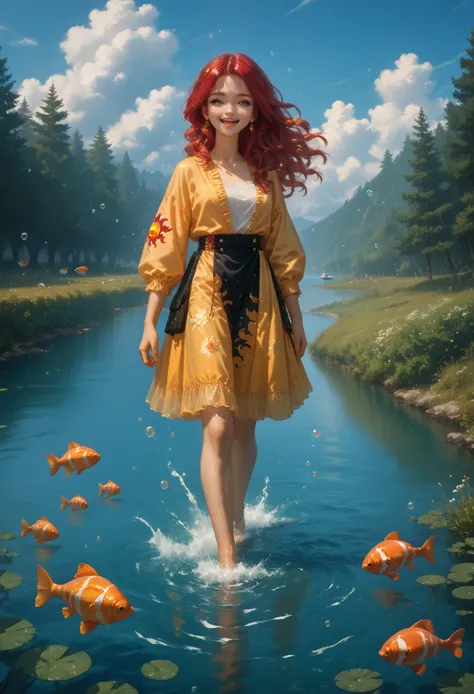 young woman,walking on water,bright,beautiful,sexy,two hair colors purple yellow,playful walk,dressed in a light tunic with beau...