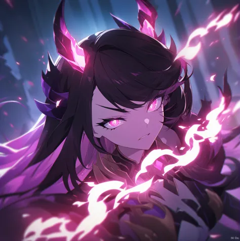 anime girl with horns and glowing eyes in a dark room, must tear from the overlord, irelia, demon anime girl, best 4k konachan a...
