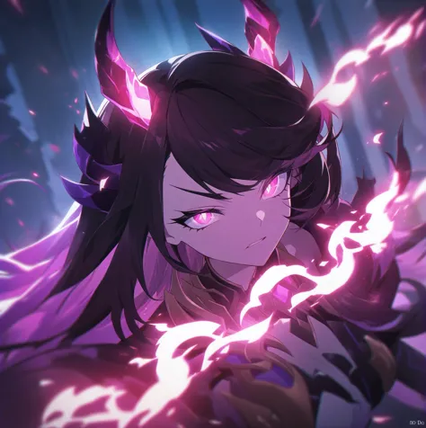 anime girl with horns and glowing eyes in a dark room, must tear from the overlord, irelia, demon anime girl, best 4k konachan a...