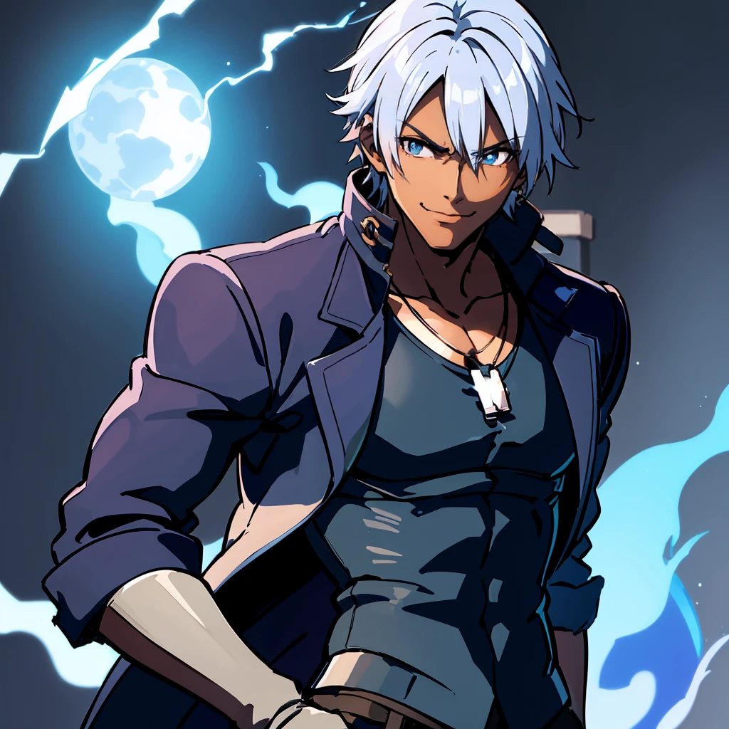 A Dark skinned young anime man, side swept silver hair, fiery light blue eyes, producing blue fire out of his fist, wearing a blue combat trench coat over a black tank top with black slacks and a chain on the hip, steel necklace with a blue dragon pendant around his neck, with sleeves rolled up to his elbows and a cocky smile