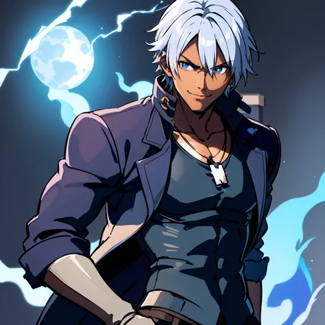 a dark skinned young anime man, side swept silver hair, fiery light blue eyes, producing blue fire out of his fist, wearing a bl...