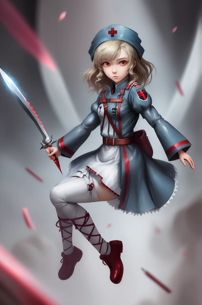 Field Medic Woman, masterpiece, high quality, Game character design, Anime illustration style, simple flat background, (Little:0.9), whole body, Diagonal angle, View your viewers, Dynamic pose, Holding a dagger, Text only,